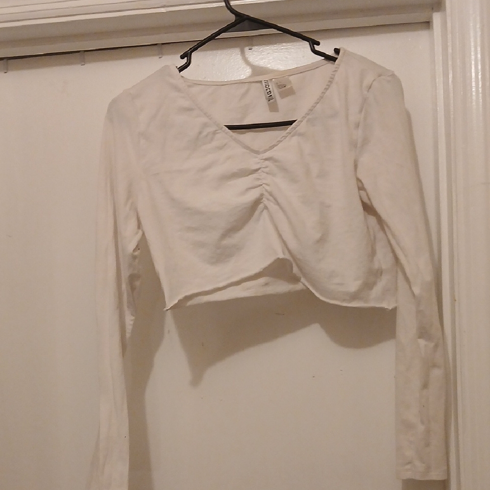 Divided White Ruched Crop Blouse